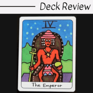 A colorful African Tarot card labeled The Emperor shows a red figure with a crown, scepter, and orb sitting on a throne. Above the card is the text Deck Review on a white background.