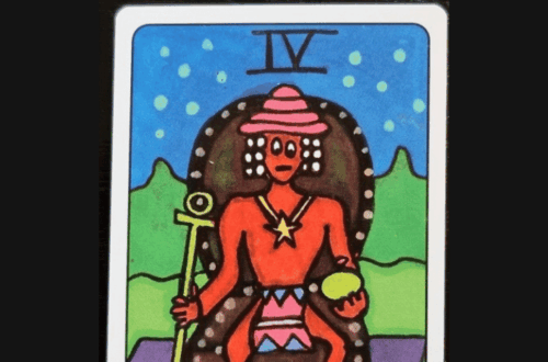 A colorful African Tarot card labeled The Emperor shows a red figure with a crown, scepter, and orb sitting on a throne. Above the card is the text Deck Review on a white background.
