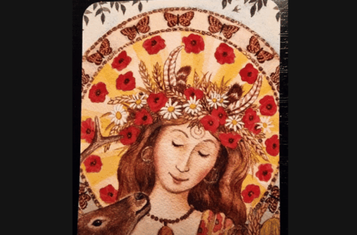 An illustrated card from the Goddess Dream Oracle shows a serene woman with a floral crown, surrounded by flowers and butterflies. A deer nuzzles her. The card reads: Abundance. 1. Count your blessings.