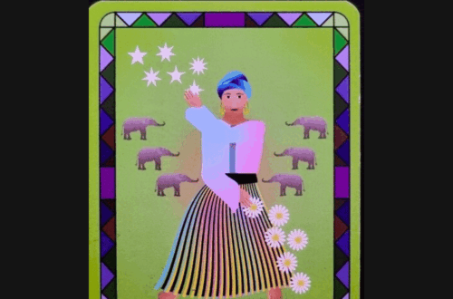 A colorful tarot card from the Radiant Wisdom Tarot titled 6 of Earth - Release shows a person in a turban and striped skirt surrounded by daisies, elephants, and six white stars against a green background with a patterned border.