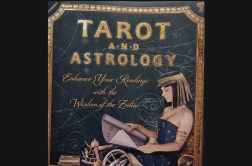 Book cover of Tarot and Astrology by Corrine Kenner, featuring an ancient Egyptian woman in a black dress holding a scroll, surrounded by golden accents and astrological symbols. Perfect for anyone intrigued by Tarot and Astrology. Text above reads Book Review.