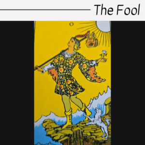 A tarot card labeled The Fool shows a colorfully dressed figure standing on a cliff’s edge, looking upward with a small dog at their feet and the sun shining brightly above.
