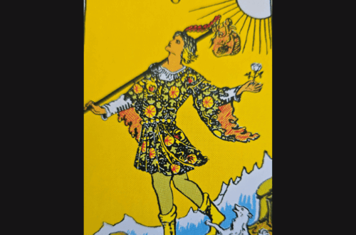 A tarot card labeled The Fool shows a colorfully dressed figure standing on a cliff’s edge, looking upward with a small dog at their feet and the sun shining brightly above.