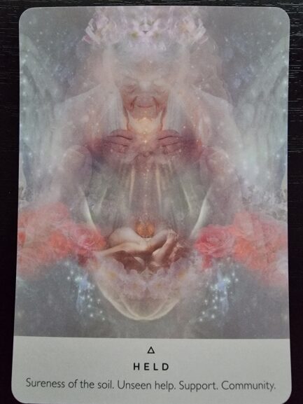 A mystical, ethereal image inspired by The rose Oracle shows an elderly, gentle figure cradling a glowing small being in their hands, surrounded by soft, pastel colors. Text reads: “HELD. Sureness of the soil. Unseen help. Support. Community.”.