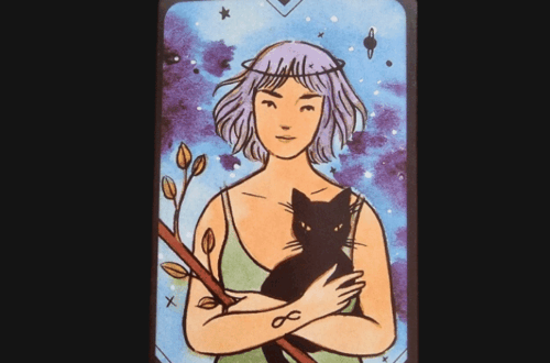 A tarot card from The Sasuraibito Tarot titled Queen of Wands shows a woman with short purple hair holding a black cat and a flowering wand, set against a blue and purple starry background. The words Deck Review appear above the card.