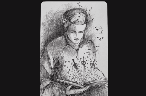 A black and white illustration of the Three of Swords tarot card shows a person reading a book, journaling as swords and small birds fly out of its pages. Above, text reads Benefits of Journaling.