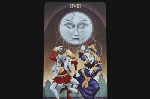 A tarot card from the Deviant Moon Tarot titled The Moon shows two puppet-like figures dancing beneath a large, expressive full moon with a face. The background is dark with a cityscape silhouette. Deck Review appears above the card.
