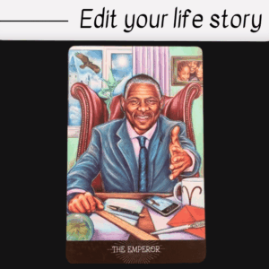 A tarot card titled The Emperor shows a smiling man in a suit at a desk, extending his hand. With journaling tools, family photos, and a cityscape in the background, the text above reads: Edit your life story.