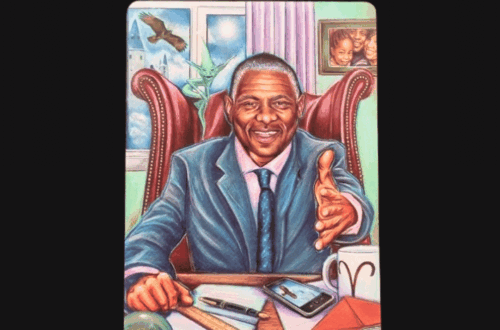 A tarot card titled The Emperor shows a smiling man in a suit at a desk, extending his hand. With journaling tools, family photos, and a cityscape in the background, the text above reads: Edit your life story.