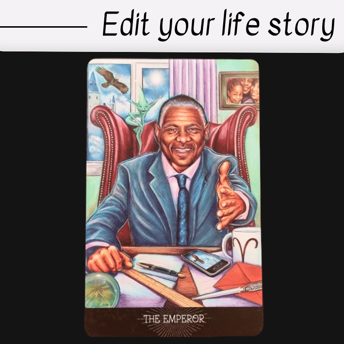 A tarot card titled The Emperor shows a smiling man in a suit at a desk, extending his hand. With journaling tools, family photos, and a cityscape in the background, the text above reads: Edit your life story.