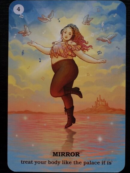 A joyful person with long, colorful hair dances on water under a pastel sky with musical notes and flying birds. A distant castle shines on the horizon. Text reads: MIRROR - Believe In Your Own Magic and treat your body like the palace it is.