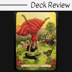 A tarot card from the Everyday Witch Oracle labeled Joy and Delight shows a woman in a red dress doing a handstand in a vibrant garden, surrounded by a dog, two cats, flowers, and a picnic setup with fruit and wine on a sunny day.