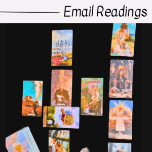 A spread of colorful tarot cards is arranged on a black surface, with “Email Readings” in the top right corner. The cards, perfect for insightful email readings, display various mystical and artistic illustrations.