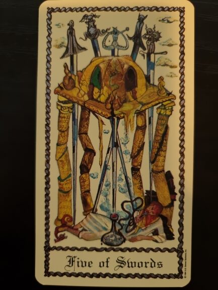 A tarot card from The Medieval Scapini Tarot, the Five of Swords features ornate golden pillars, a mystical archway with flowing water, masks, and clouds. A snake coils around a glass vessel below in this intricate and surreal style.