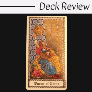 A tarot card labeled Queen of Coins from The Medieval Scapini Tarot features a richly dressed woman sitting and holding a coin aloft, with ornate patterns in the background. The words Deck Review appear above the card.