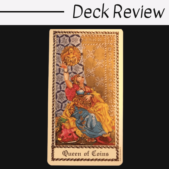 A tarot card labeled Queen of Coins from The Medieval Scapini Tarot features a richly dressed woman sitting and holding a coin aloft, with ornate patterns in the background. The words Deck Review appear above the card.
