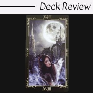A gothic-style Dark Fairytale Tarot card featuring a woman with long dark hair, a blue butterfly in her hair, and ghostly mist. Ruined stone towers and a large full moon fill the background. The top text reads Deck Review.