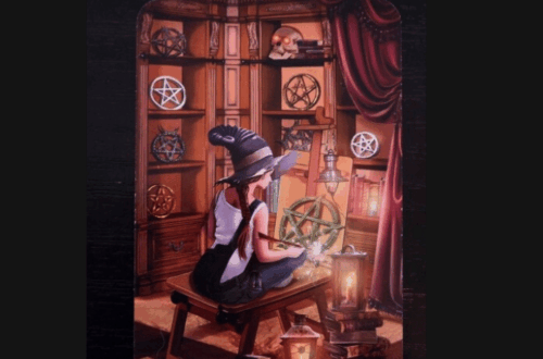 A tarot card from the Wizards Tarot, the Eight of Pentacles shows a young witch at a desk, crafting a glowing pentacle in a cozy, book-filled room adorned with shelves, candles, and magical symbols. The card is part of a deck review.