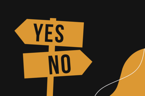 A graphic displays two orange road signs on a black background, one pointing left labeled YES and the other right labeled NO. The top text reads yes/no questions. An orange abstract shape accents the lower right corner.