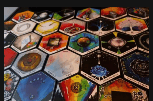 A colorful array of hexagonal tarot cards from The Wild Unknown Alchemy Deck, featuring unique, detailed illustrations and symbols, arranged in a spread. The image has “Deck Review” written at the top in bold text.