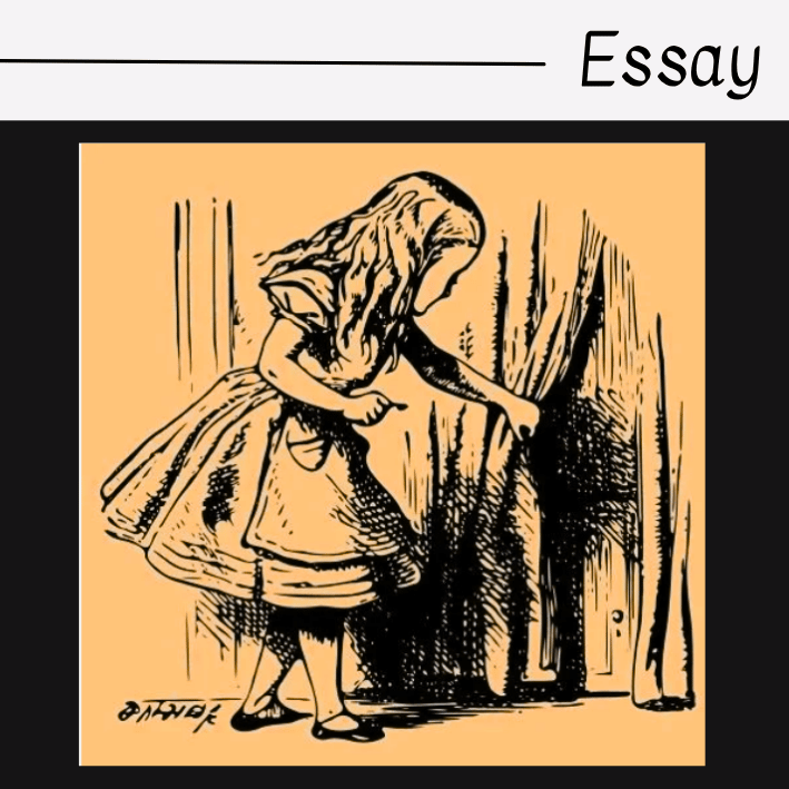 A black-and-white illustration of a young girl in a dress and apron peeking behind a curtain, with the word Essay written in cursive at the top right corner.