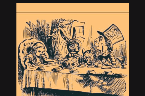 Illustration of Alice, the March Hare, and the Mad Hatter sitting around a tea table in the Mad Hatter’s tea party scene from Alice’s Adventures in Wonderland, with the word Essay written above.