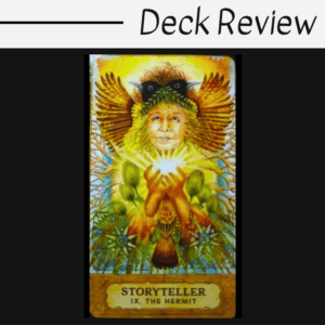 A tarot card from the Chrysalis Tarot titled STORYTELLER IX. THE HERMIT shows a winged figure holding a glowing light, surrounded by vivid patterns and bright colors. The text Deck Review appears above the card.