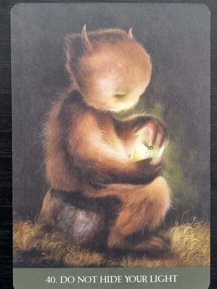 A furry, fantasy creature with horns sits on a rock in the depths of Into the Lonely Woods, gently cradling a glowing light. The dark background makes both creature and light stand out. Text below reads, 40. DO NOT HIDE YOUR LIGHT.