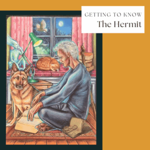 A man sits cross-legged reading by a window at night, embodying The Hermit, with a German Shepherd, a sleeping cat, and an owl outside. Stacks of books, a lamp, and glasses are nearby. Text reads “Getting to Know The Hermit.”.