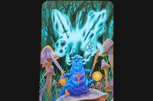 A colorful Tarot in Wonderland card titled The Magician shows a blue caterpillar with arms, holding magical items, sitting on a mushroom. In the background, a butterfly-shaped mist with symbols appears over grass and mushrooms.