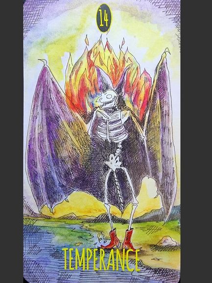 A card from The Shadowland Tarot, Temperance features a skeletal, bat-like creature with large wings, red boots, and flames behind it, standing on grassy ground by a river and rocks under a yellow sky. The card is marked 14 at the top.