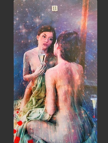 A woman with gray curly hair in a purple dress stands in a garden holding a coin and an owl, with eight more coins below her. A crescent moon and church-like building appear behind her in this Superlunaris Tarot card labeled IX.