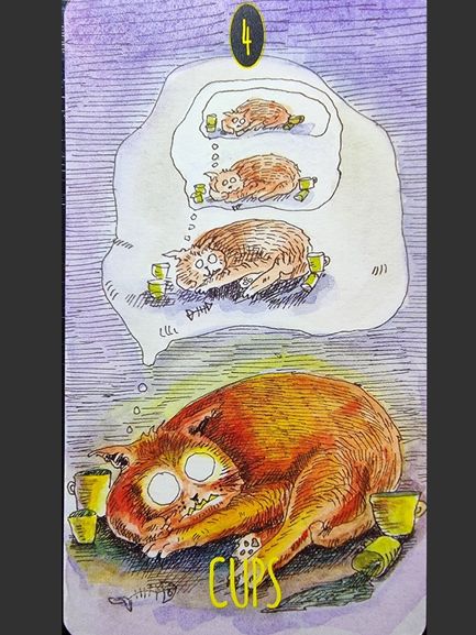 A cartoonish, orange cat with wide eyes lies curled on the ground, surrounded by four cups. Above its head, a thought bubble shows this scene repeating smaller and smaller—reflecting The Shadowland Tarot's playful yet mysterious style. CUPS is written below.