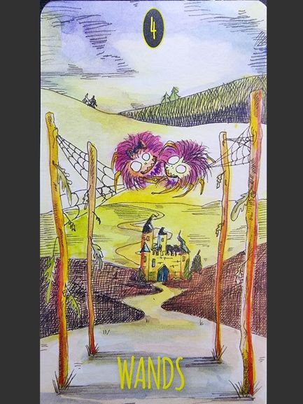 An illustrated tarot card from The Shadowland Tarot titled 4 of Wands shows two whimsical, fuzzy creatures with big eyes hanging on a net between four tall wooden poles, with a distant castle and winding path in the background.