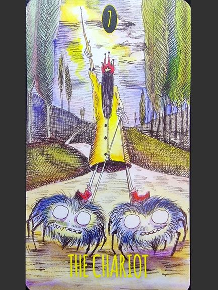 A tarot card from The Shadowland Tarot labeled The Chariot shows a figure in a yellow coat and crown holding a staff, leading two spider-like creatures with red hats along a winding path lined with tall trees.