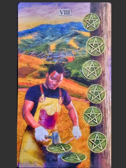 A Superlunaris Tarot card labeled VIII shows a person wearing glasses and an apron, working with a hammer and chisel on a pentacle. Six more pentacles are arranged vertically on a wooden post, with hills and fields in the background.