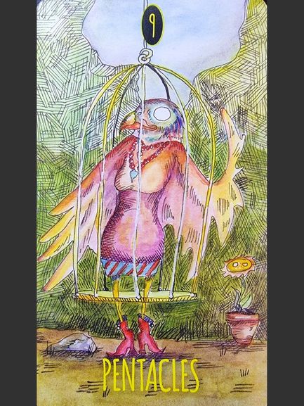 A colorful tarot card from The Shadowland Tarot titled 3 Wands shows an octopus on a rock holding three lit candles in its tentacles. A sailing ship drifts on the ocean beneath a bright, swirling sky.