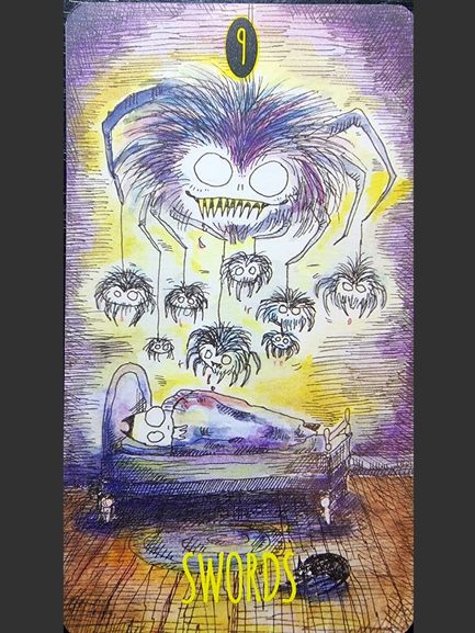 A tarot card from The Shadowland Tarot labeled “9 of Swords” shows a person lying in bed, covered, as large, menacing, spider-like creatures with staring eyes loom overhead, evoking a sense of fear, anxiety, or nightmares.