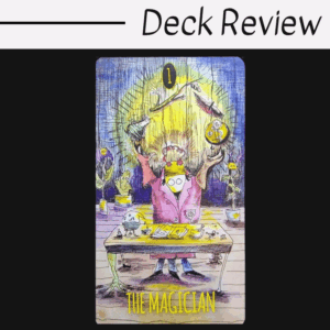 A tarot card illustration titled The Magician from The Shadowland Tarot shows a masked figure in a pink robe with arms raised, surrounded by magical tools on a desk, with a yellow glow in the background and plants nearby. Deck Review is written above.