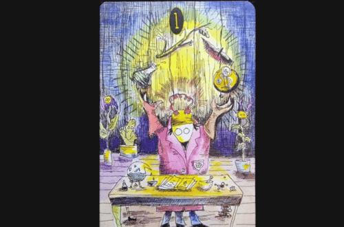 A tarot card illustration titled The Magician from The Shadowland Tarot shows a masked figure in a pink robe with arms raised, surrounded by magical tools on a desk, with a yellow glow in the background and plants nearby. Deck Review is written above.