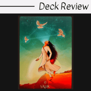 A woman in a white dress stands on red sand, gazing at three white birds connected by constellation lines in a green sky. The Sufi Tarot card displays the word SALIK and the number 0 at the bottom.