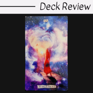 A Superlunaris Tarot card labeled Judgement shows a figure in a red dress standing on a wooden path, surrounded by cosmic clouds and a large ethereal face, with the words Deck Review above the card.