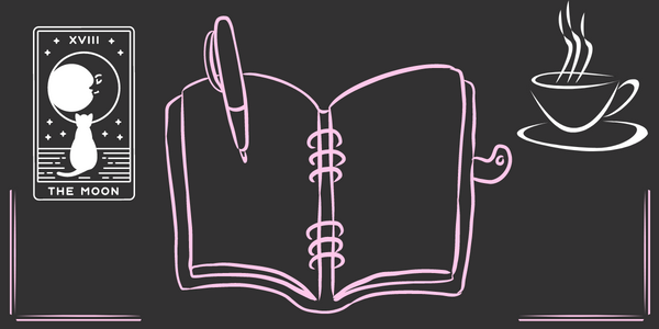 A minimalist illustration features a tarot card with a cat and moon, an open notebook labeled "Journaling the Tarot: Evolutions," and a steaming cup of coffee, all outlined in pink and white on a dark background.
