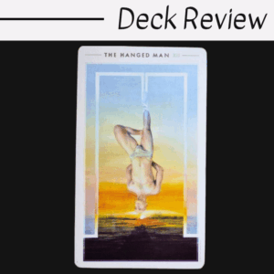 A tarot card titled The Hanged Man from the Fountain Tarot shows a glowing figure suspended upside down over a bright horizon, with the words Deck Review above the image on a white background.