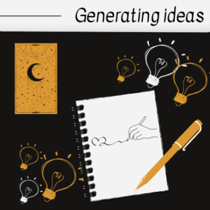 A notebook with a hand drawing a heart, surrounded by glowing light bulbs, a tarot card with a crescent moon, and a pen, symbolizing creativity sparked by questions and idea generation. The text reads “Generating ideas.”.