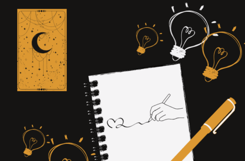 A notebook with a hand drawing a heart, surrounded by glowing light bulbs, a tarot card with a crescent moon, and a pen, symbolizing creativity sparked by questions and idea generation. The text reads “Generating ideas.”.