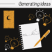 A notebook with a hand drawing a heart, surrounded by glowing light bulbs, a tarot card with a crescent moon, and a pen, symbolizing creativity sparked by questions and idea generation. The text reads “Generating ideas.”.