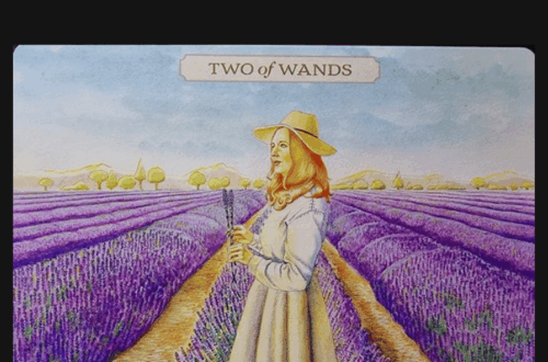 A tarot card from the Pastoral Tarot titled Two of Wands shows a woman in a hat and white dress standing in a vibrant lavender field, holding flowers, under a blue sky with distant hills.