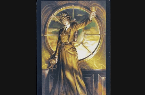 A tarot card labeled Queen of Cups from The Steampunk Tarot features a regal woman in a brown dress, holding a cup high. Behind her, golden light streams through a large, round window. Deck Review is written above the card.