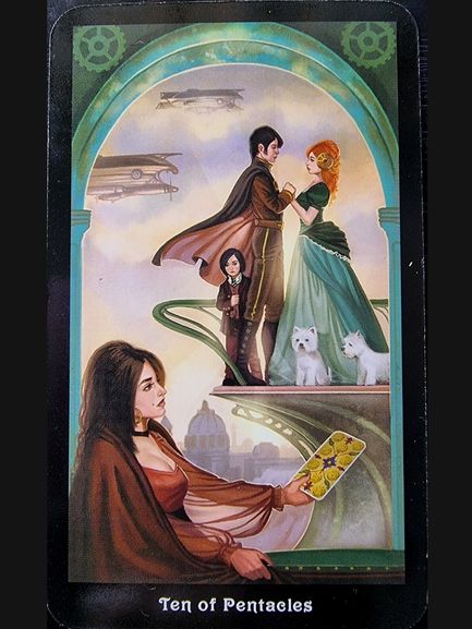 A card from The Steampunk Tarot shows a family on balconies: a man and woman with a child and two white dogs above, and a woman below holding a pentacle. Airships and a domed city fill the background.